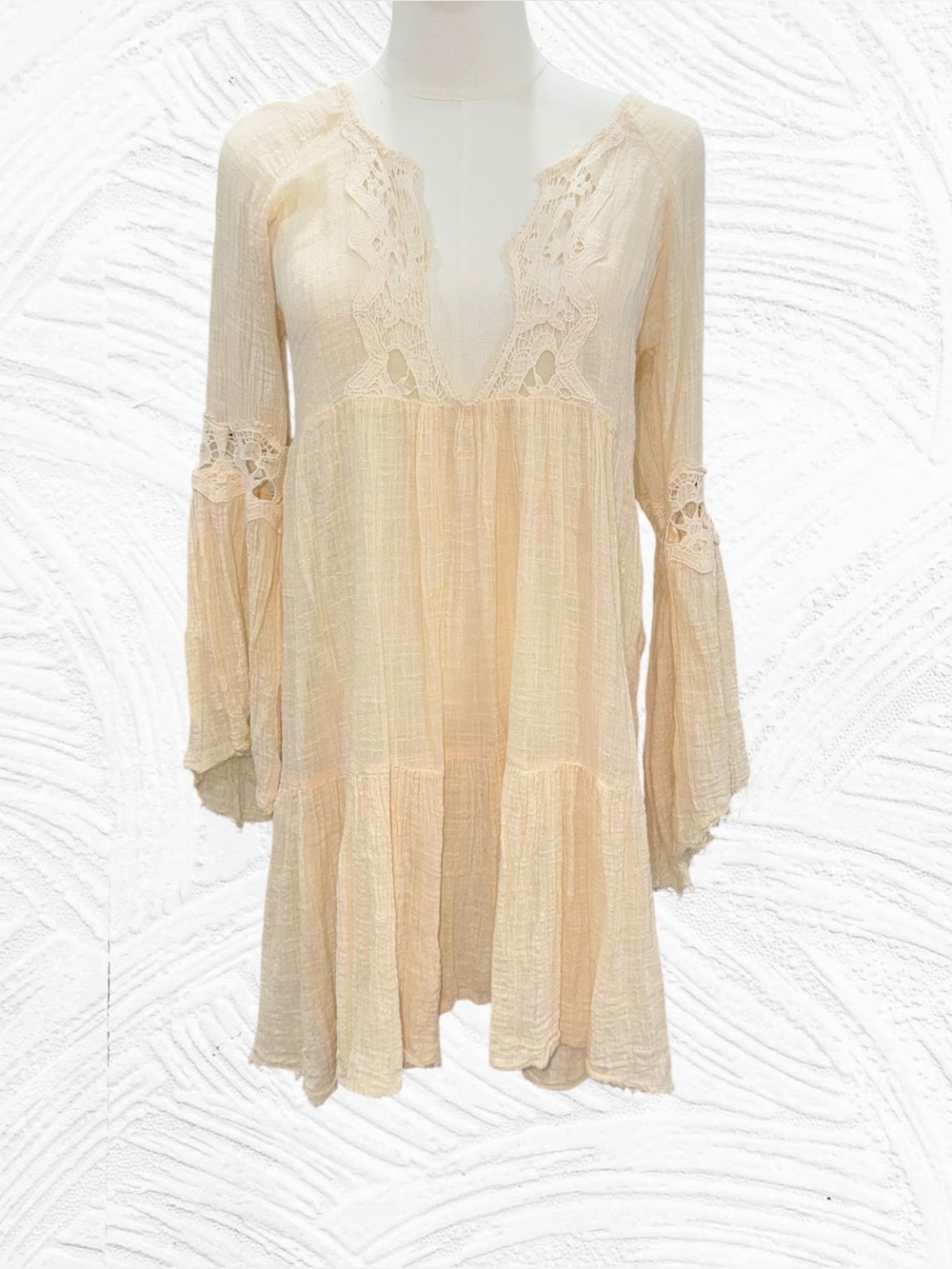 Free People‎ One XS Mini Dress Tunic Lace Gauze Cream Festival Whimsical Tiered